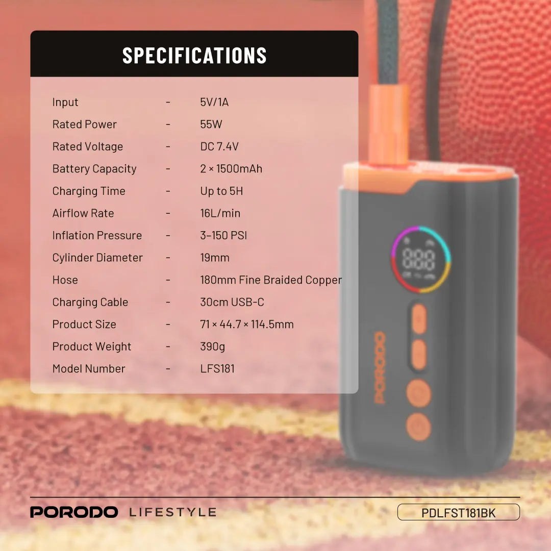 Porodo Lifestyle Electric Air Inflator With High-Pressure Power & Built-In Flashlight - Black