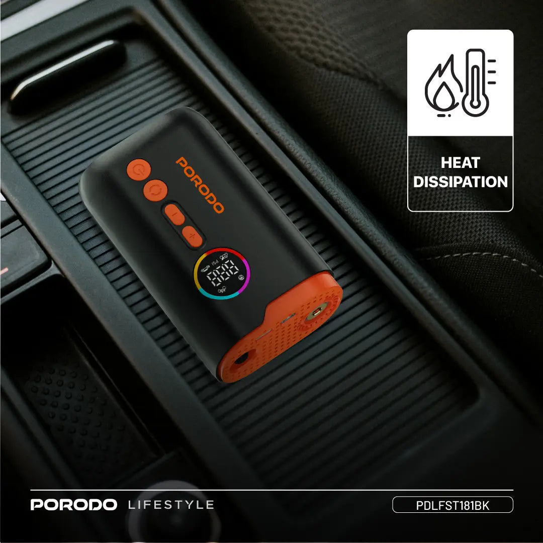 Porodo Lifestyle Electric Air Inflator With High-Pressure Power & Built-In Flashlight - Black