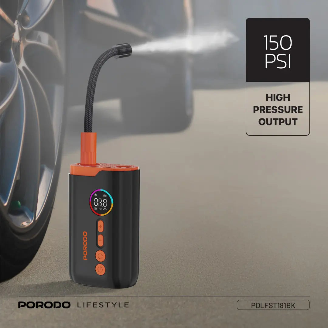 Porodo Lifestyle Electric Air Inflator With High-Pressure Power & Built-In Flashlight - Black