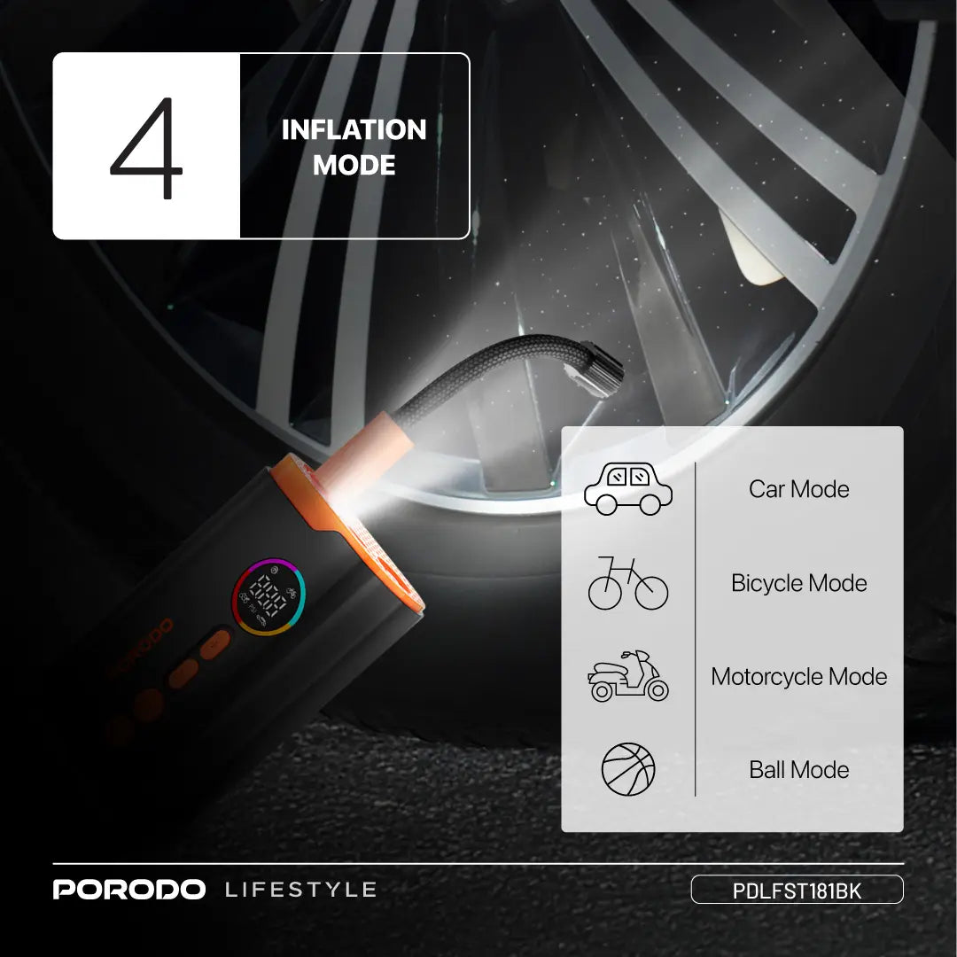 Porodo Lifestyle Electric Air Inflator With High-Pressure Power & Built-In Flashlight - Black